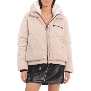Avec Les Filles Women’s Beige Puffer Jacket Sherpa Lined Hood Size XS